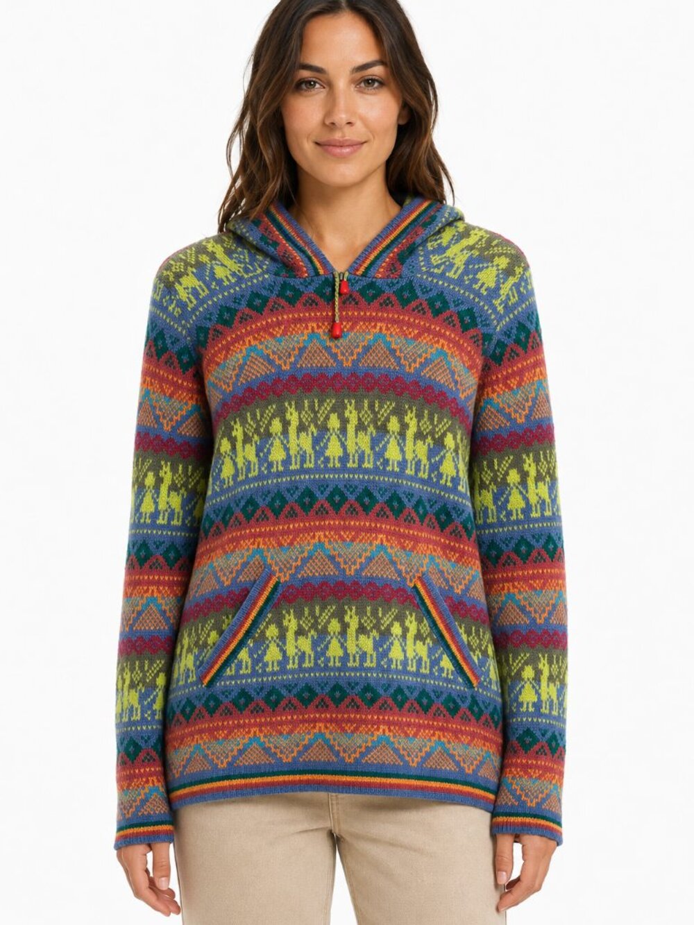 Vintage Alpaca Wool Pattern Hooded Sweater Alpaca Motif Knit Hoodie S/M